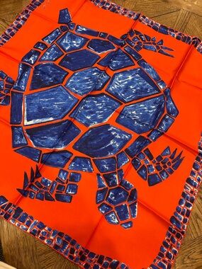 Vintage Bold Blue Turtle Print Scarf on Red